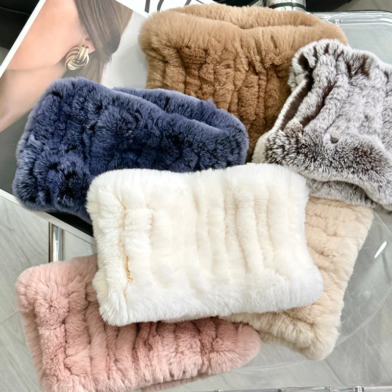 2026 Real Rex Rabbit Fur Scarf Luxury Neck Cover Elastic Headband Plush Knit Fur Scarf Women Handmade Stretch Neckchief Winter 