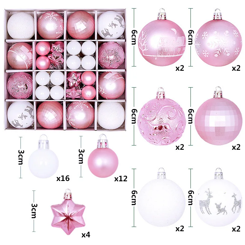 New Arrival Christmas Ornaments 42-44pcs Painted Assorted Shapes Paper Box Set 3-6cm Plated Ball Hanging Decorations