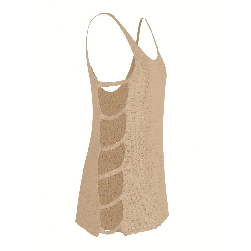 

Women Spaghetti Strap Vertical Cutout Back Crochet Cover Up Tunic Scallop Hem Sheer Bikini Beach Swim Dress