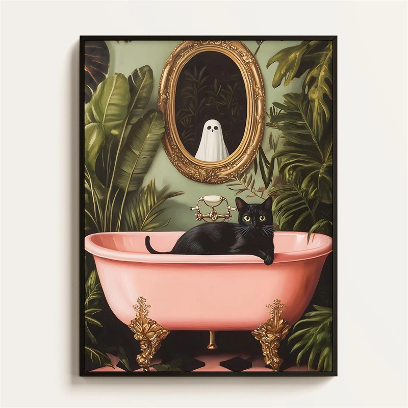 Funny Newspaper Reading Cat Poster Black Cat Bathroom Art Print Canvas Painting Wall Art Picture for Bathroom Home Decoration
