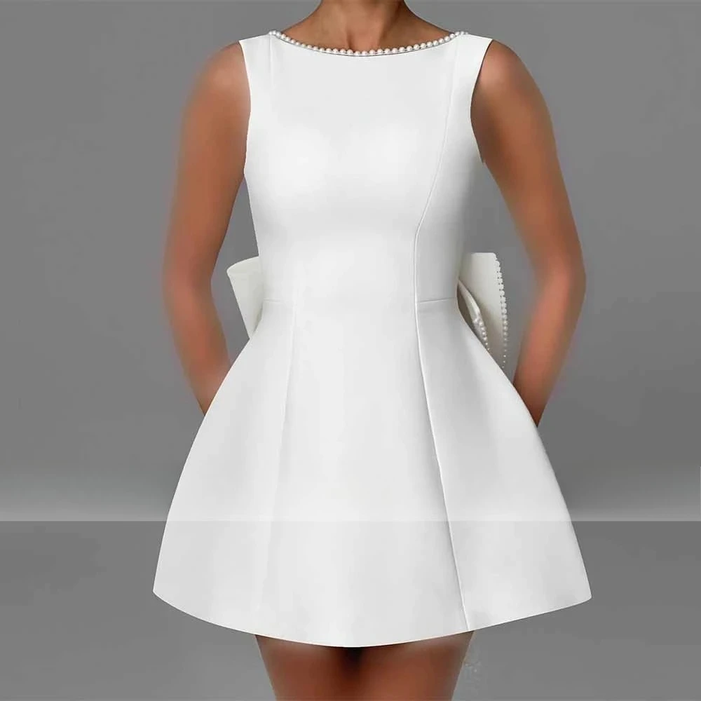 Mini Civil A-line Wedding Dresses Satin Wedding Party Dress White O-Neck Pearls Bow Backless Zipper Short Bridal Gown