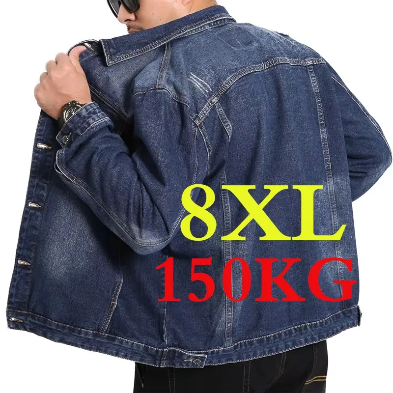 FENROOST Men's Denim Jacket Plus Size Loose Casual Jean Coat Long Sleeve Button Pocket Outerwear Blue Cotton Mens Clothing 8XL