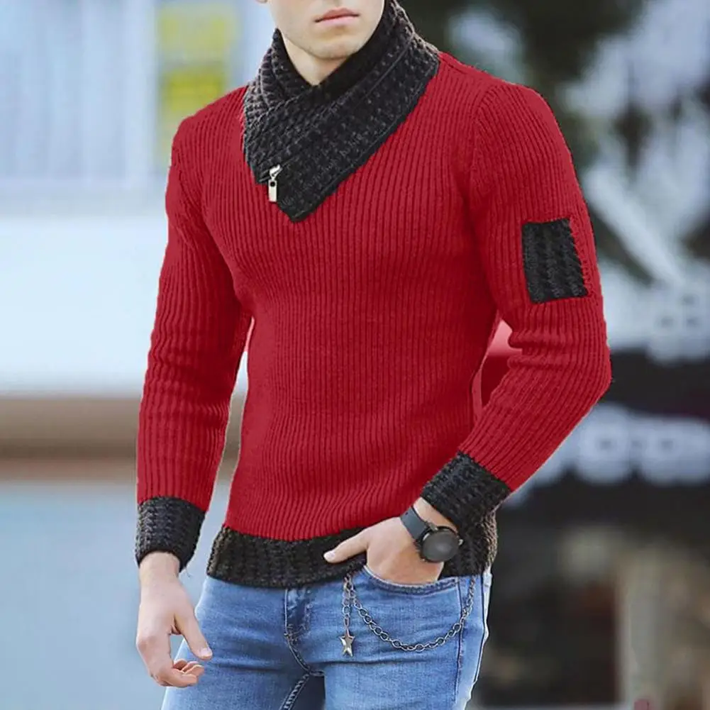 Lightweight Scarf Collar Sweater Stylish Men's Winter Sweater With Zipper Decor High Collar For Wear School Knit Elastic Long