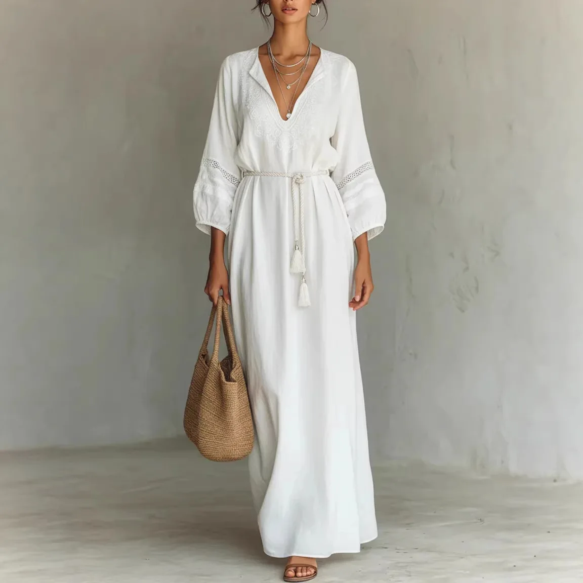 Spring Loose Waist Dress Artistic Elegant Solid Color Refined Handmade Lace Dress