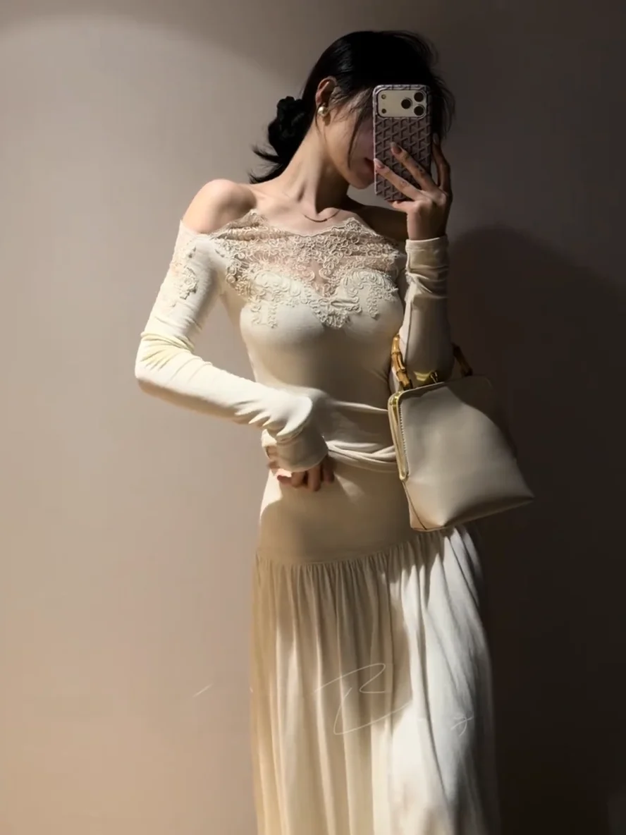 

Soft Lace Splice One oulder Long Sve Knitted Sweater Dr Women's Faion Set Winter Casual Fem Sle French Sle