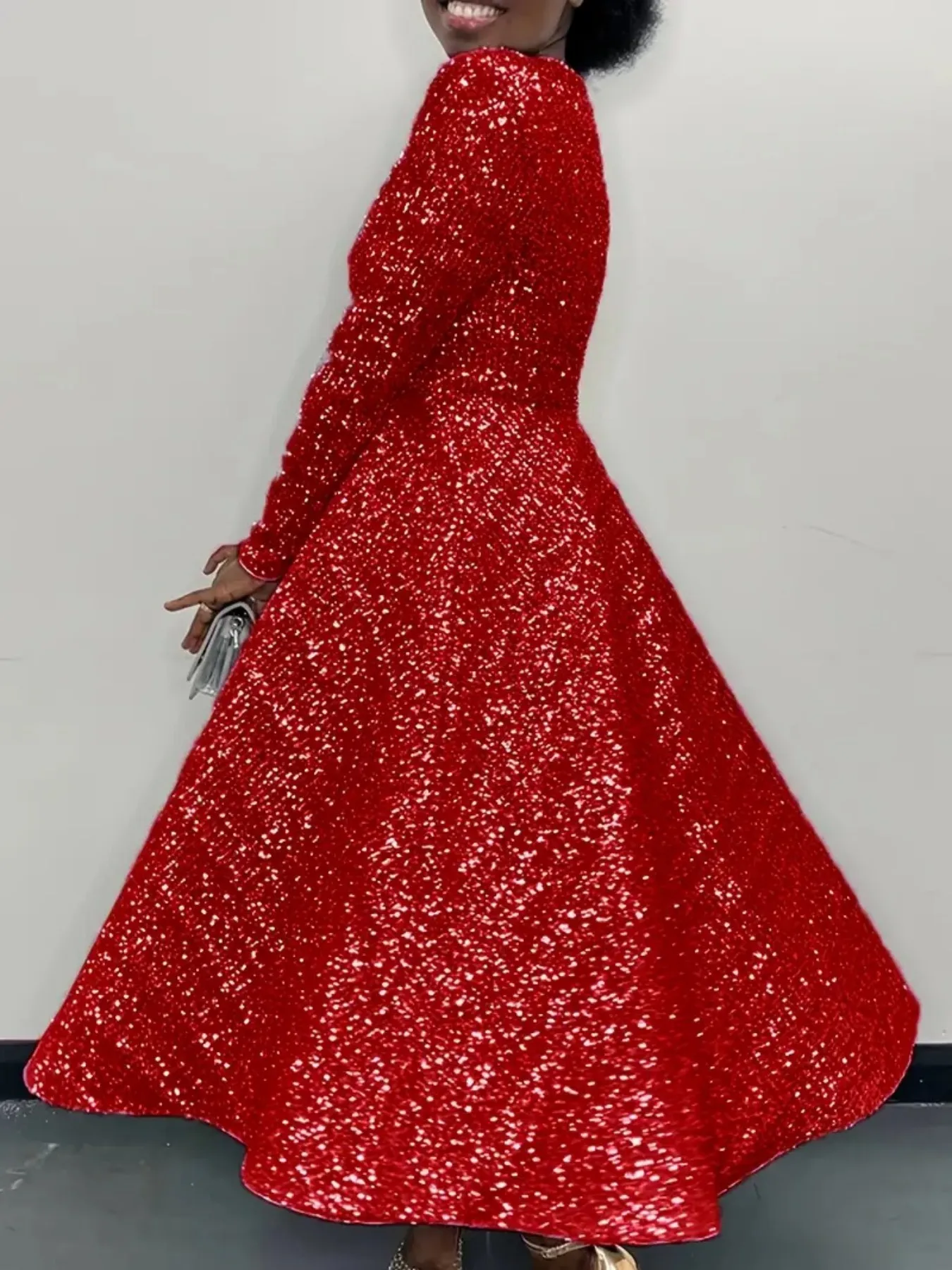 فستان نسائي للخريف والشتاء مقاس كبير، رقبة دائرية، أكمام طويلة، لون خالص، مطرز، عالي الخصر، فستان أنيق متوسط الطول #3