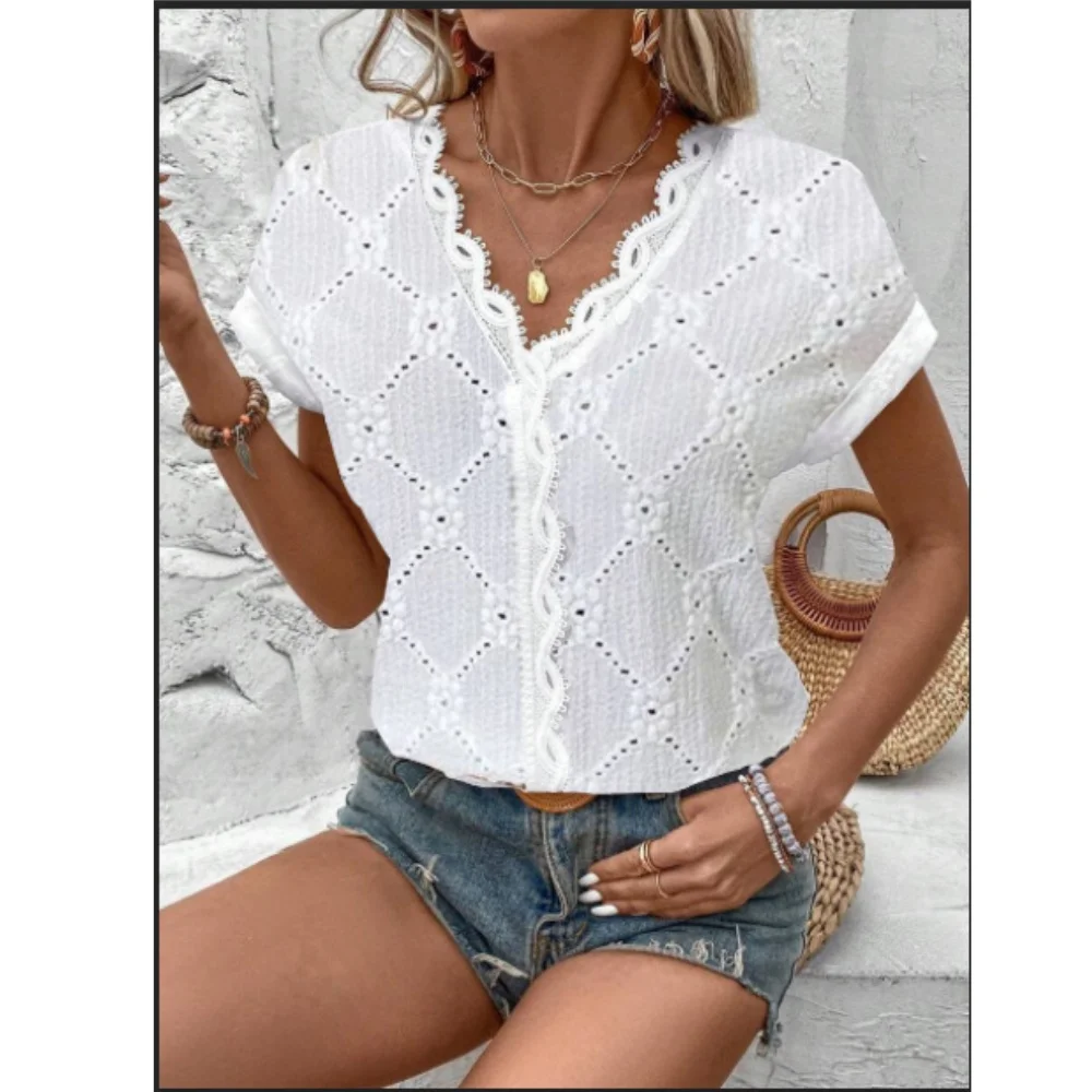 Women\'s Blouse Top 2024 Summer Lace Patchwork Solid V-neck Short Sleeved White Shirt Tops Fashion Chiffon  Майка Летняя Женская