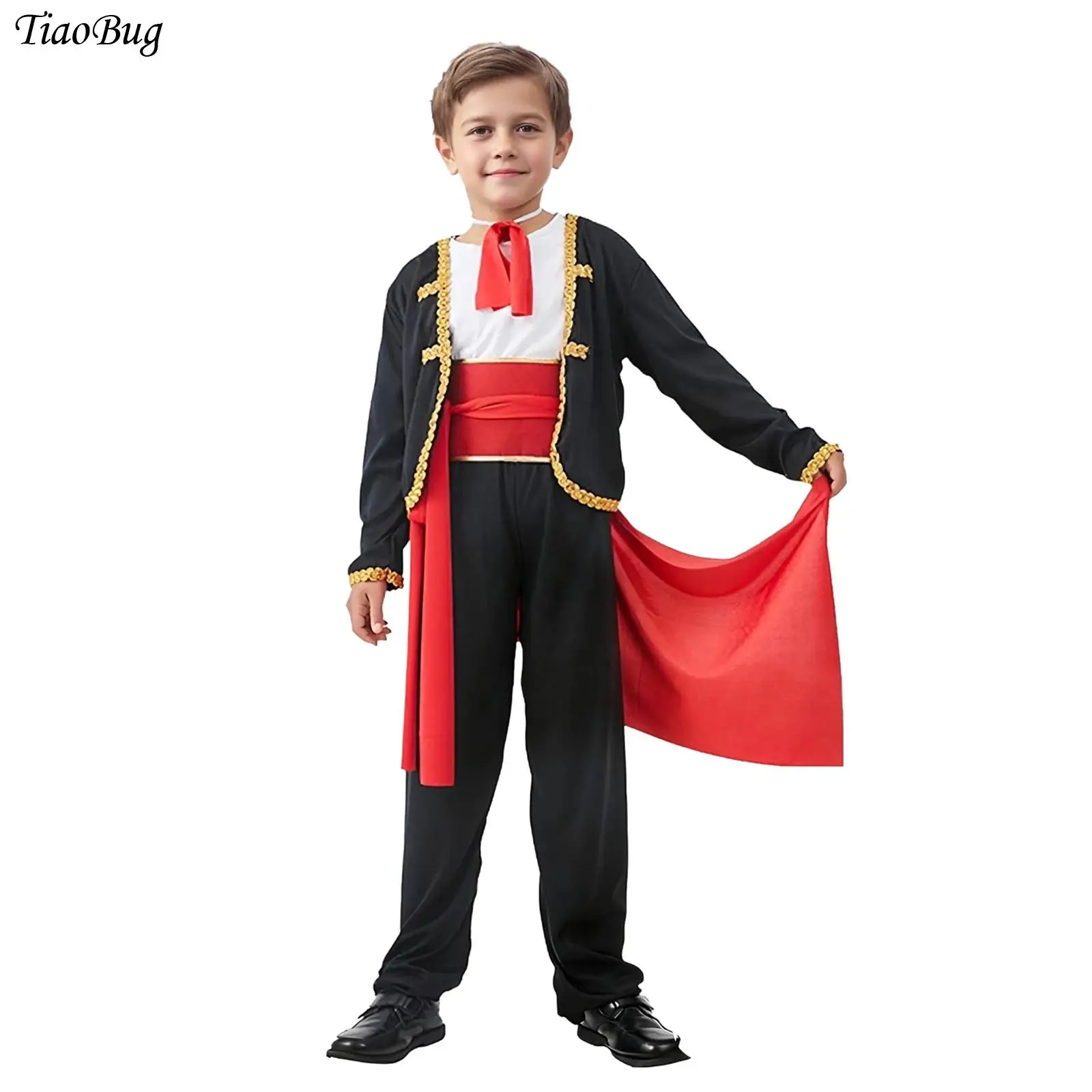 

Halloween Bull Fighting Outfits Boys Spanish Matador Cosplay Costume with Top Neckwear Waistbelt Pants Red Cloth Fancy Dress Up