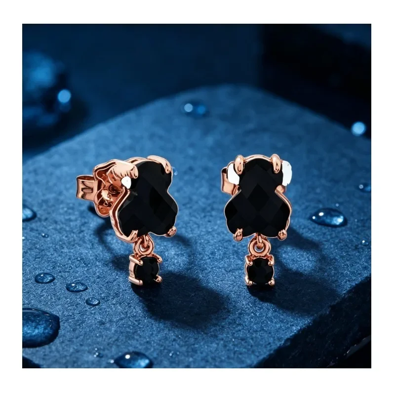 Rose Gold Black Faceted Bear Dangle Stud Earrings Small Black Crystal Drop Cute Animal Earrings For Women Daily Jewelry
