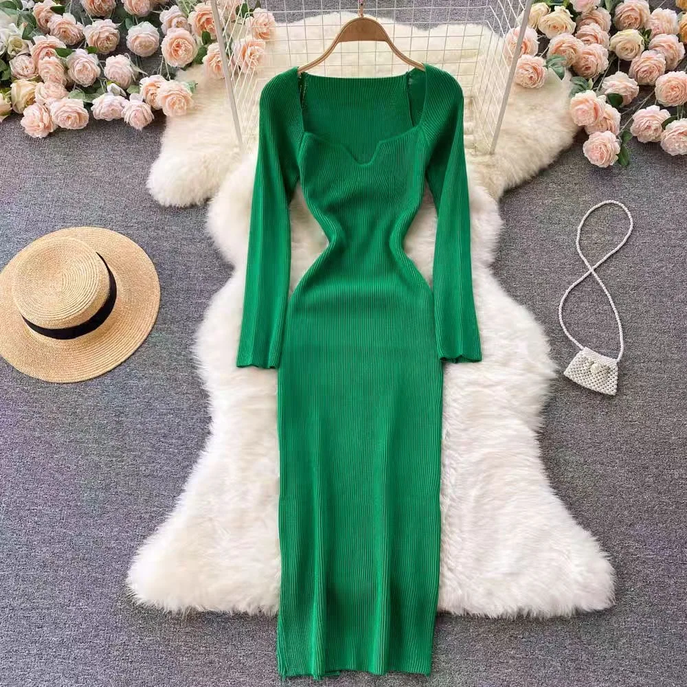 Autumn and Winter Green Sexy Low Neckline Leaky Collarbone Tight Sweater Base Skirt Show Waist Hip Stretch Knit Dress Women