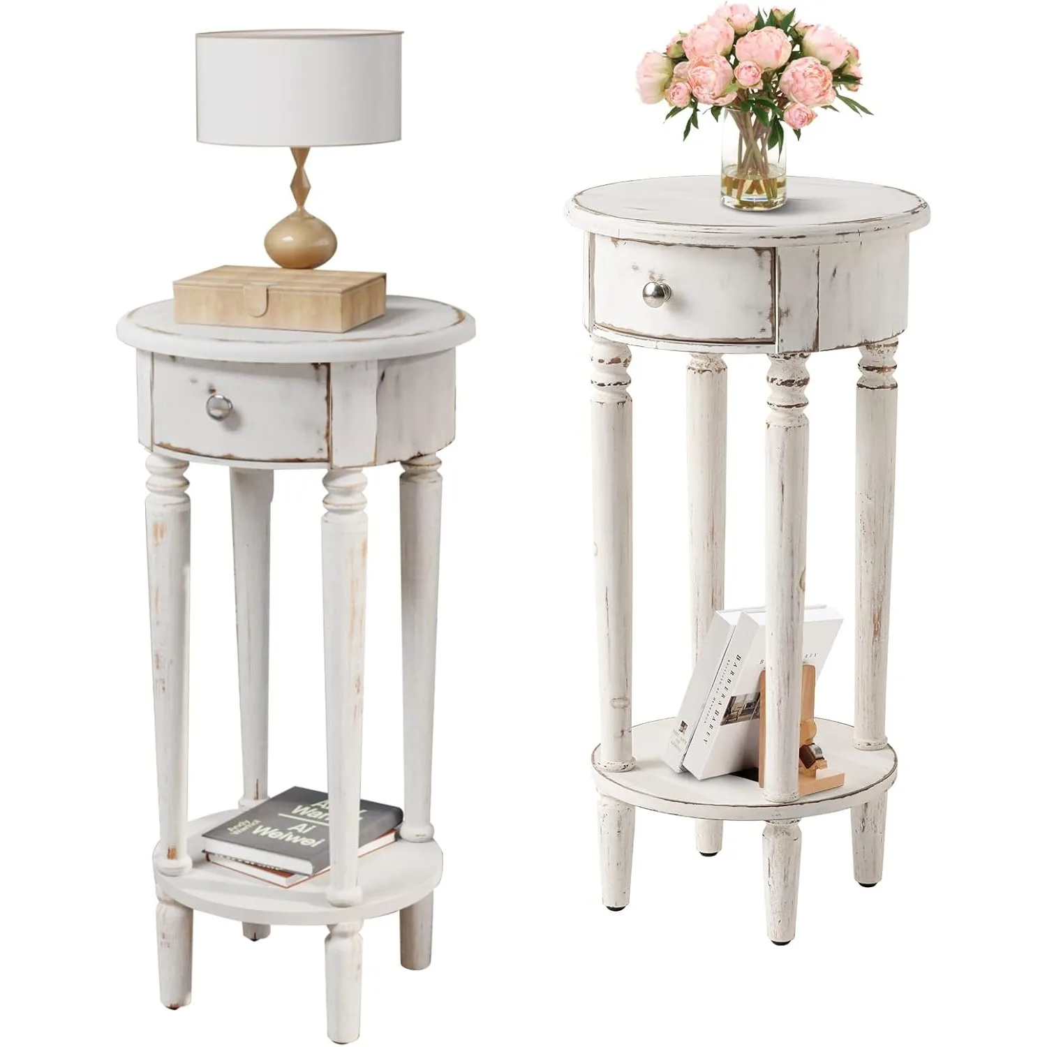 Tall End Table with Drawer Sets of 2,Round Nightstand Bedside Table with Storage Shelf, Industrial Telephone Table, Space Saving