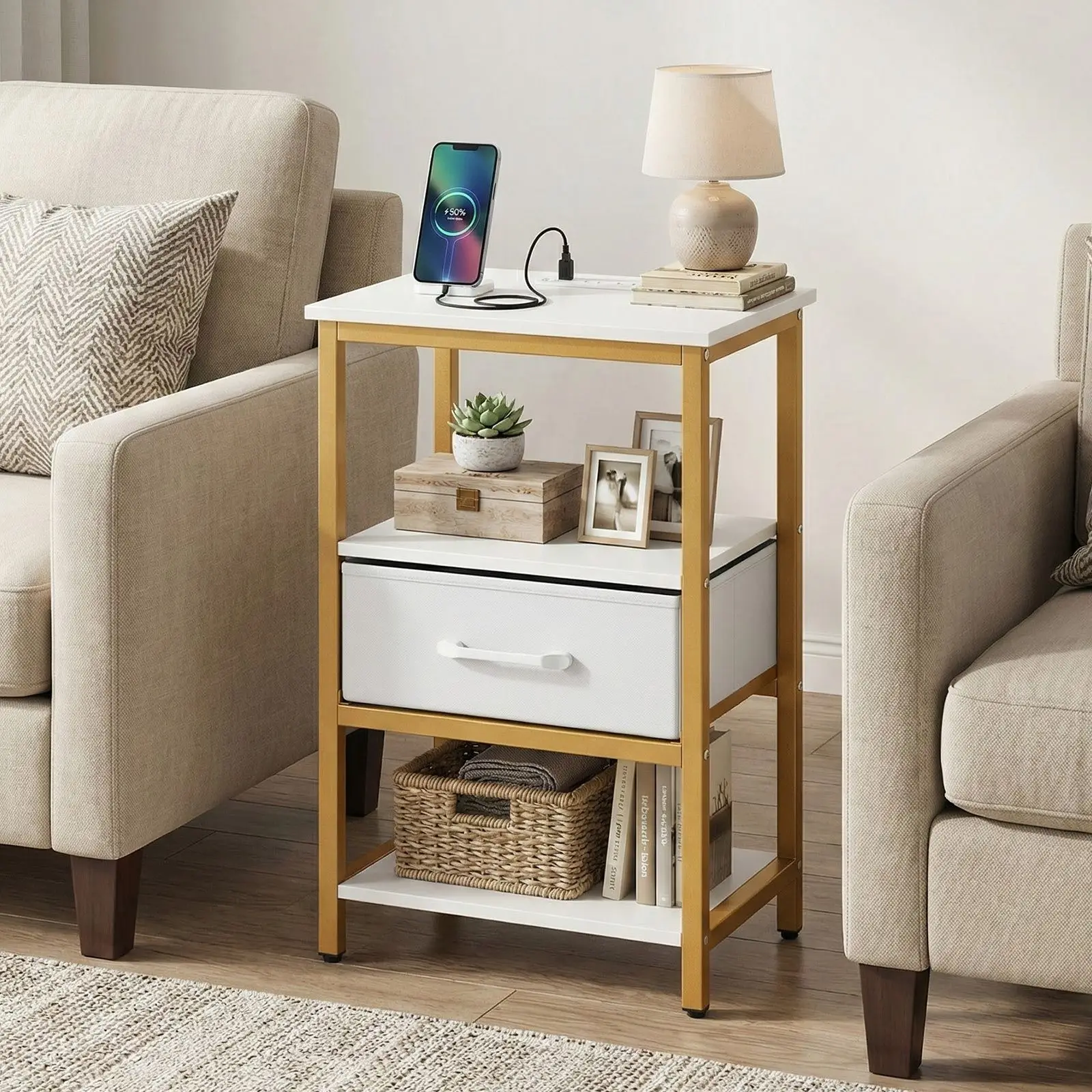 Nightstand with Charging Station and Adjustable Fabric Drawer for Bedroom and Living Room