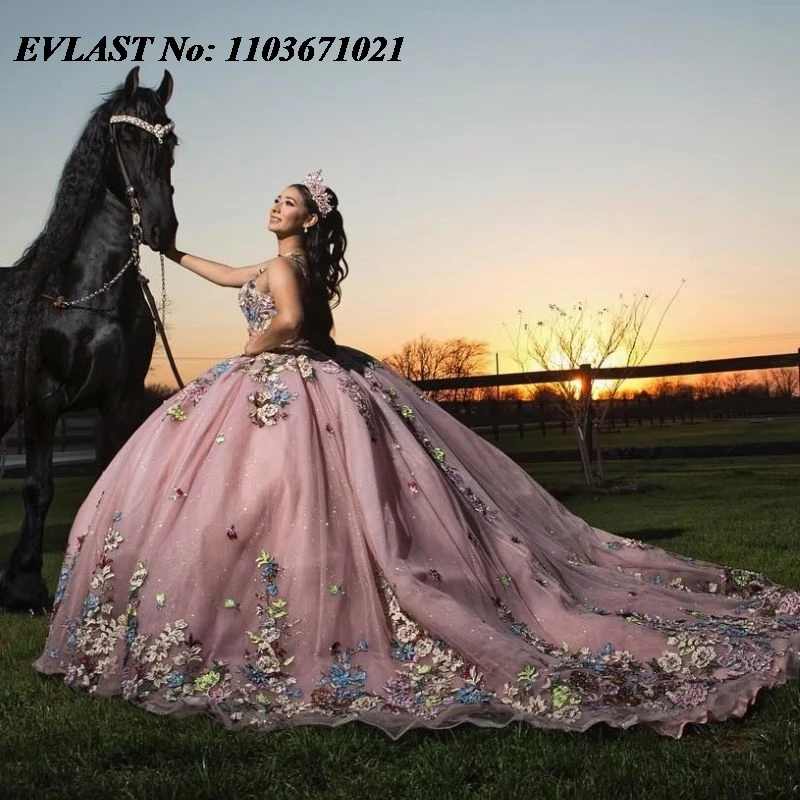 Evlast personalizado rosa vestido de baile quinceanera vestido floral apliques miçangas mexicano doce 16 vestidos de xv 15 anos sq185