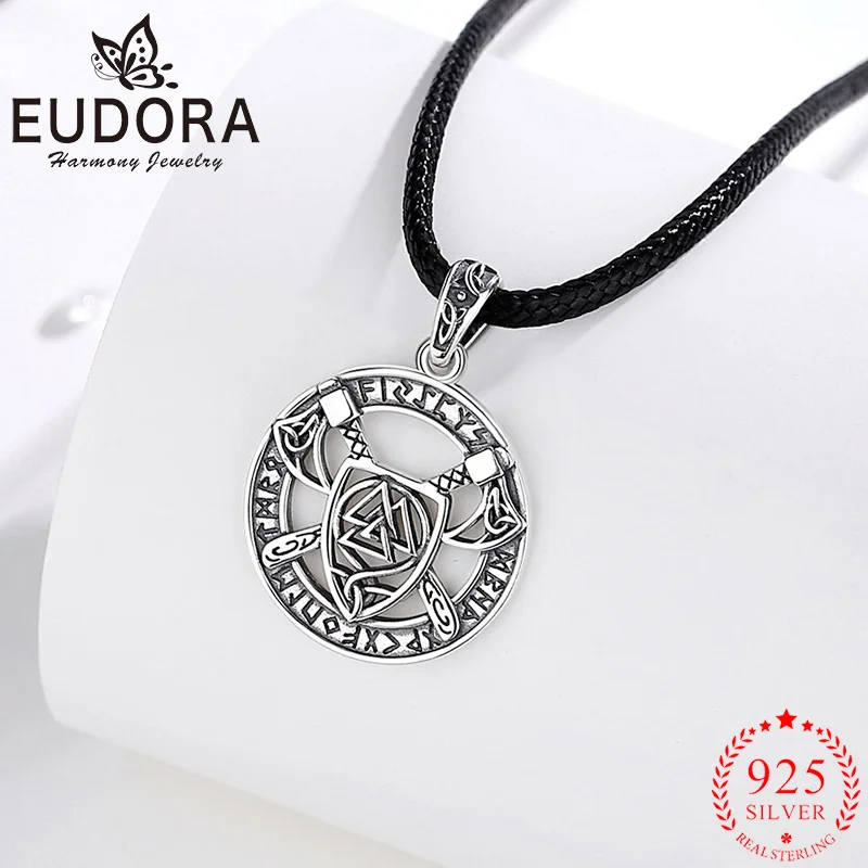 Eudora 925 Sterling Silver Triangle Shield Necklace Crossed Viking Axes Rune Amulet Pendant Personality Jewelry Gift for Men