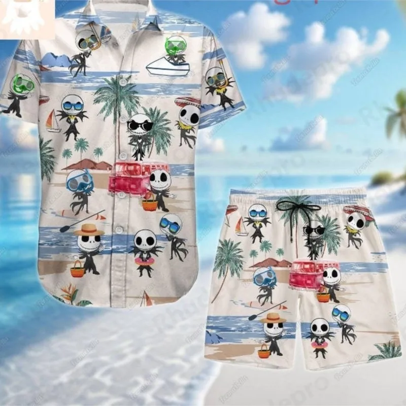 

Disney Jack Skellington Men Women Button Shirt And Short Nightmare Before Shirt Vacation Trip Short Sleeve Shorts Shirt Suit