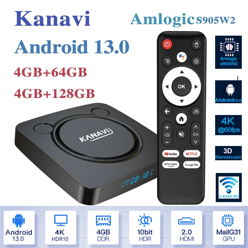 KANAVI Android13 Smart TV Box 8K Video HDR10 + BT GOOGLE Assistant 5G Wifi Amlogic S905w2 4GB RAM 64GB ROM Streaming Media Player