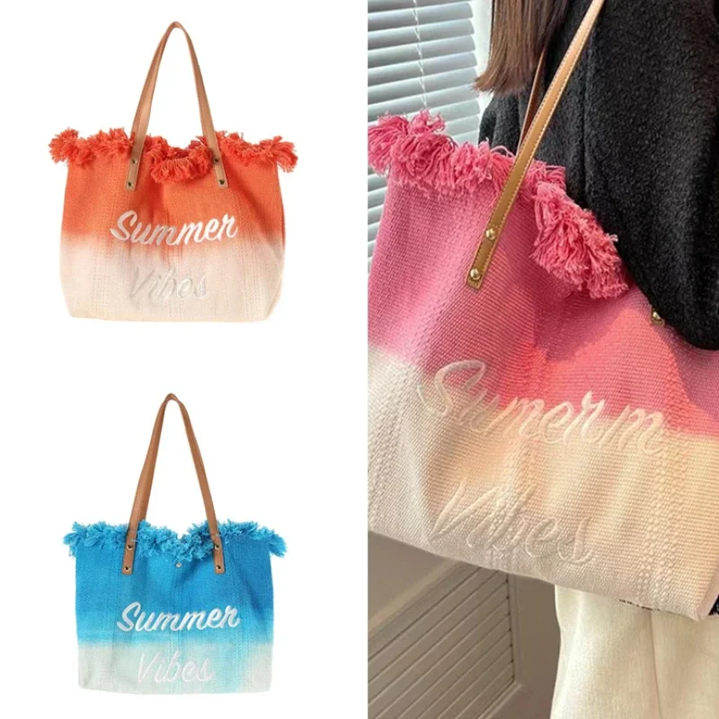 Ins New Gradient Color Large Capacity Tassels Embroidery Canvas Tote Bag Ladies Fashion Simple Shoulder Bag Handbag for Women