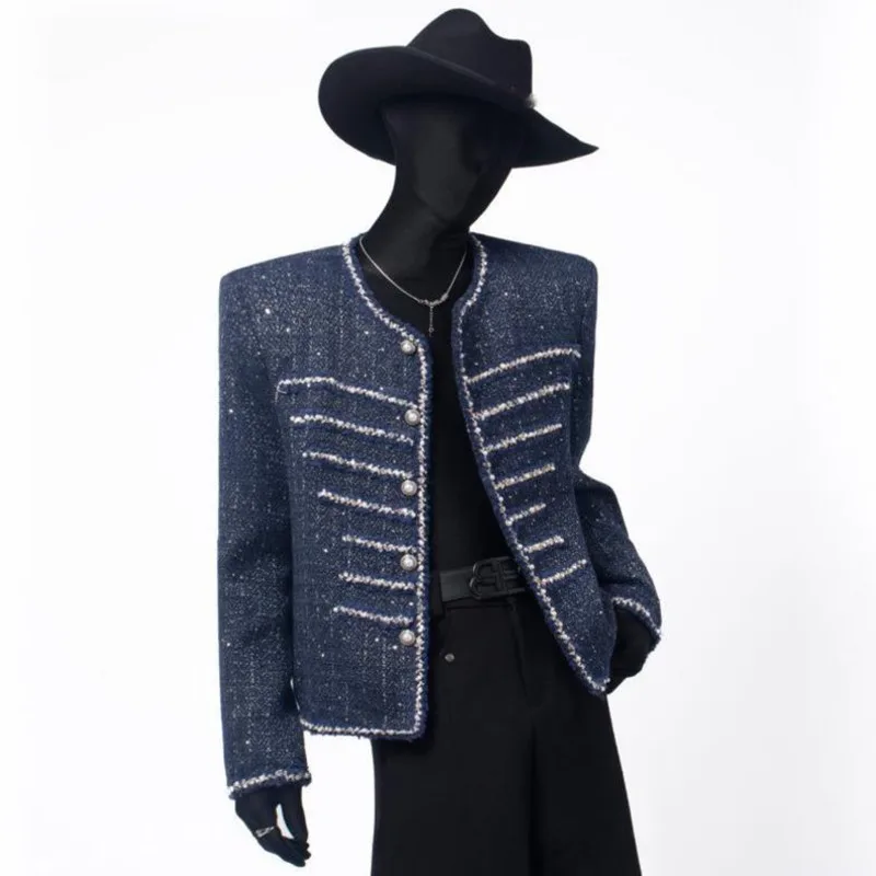 WVGA Spring Autumn New Man Tide Sequin Tweed Trendy Short Jacket Collarless Beaded Personality Niche Chic Casual Coat Ins W13080