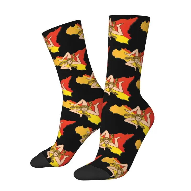 Kawaii Mens Sicily Sicilia Flag Map Dress Socks Unisex Warm Comfortable 3D Print Italian Sicilian Pride Crew Socks