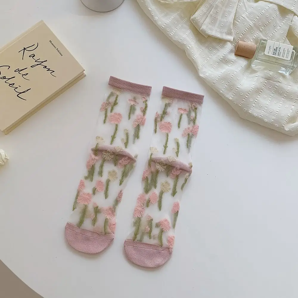 Breathable Sweet Girls Summer Embroidery Crystal Silk Socks Flower Socks Women's Socks Floral Hosiery Middle Tube Socks