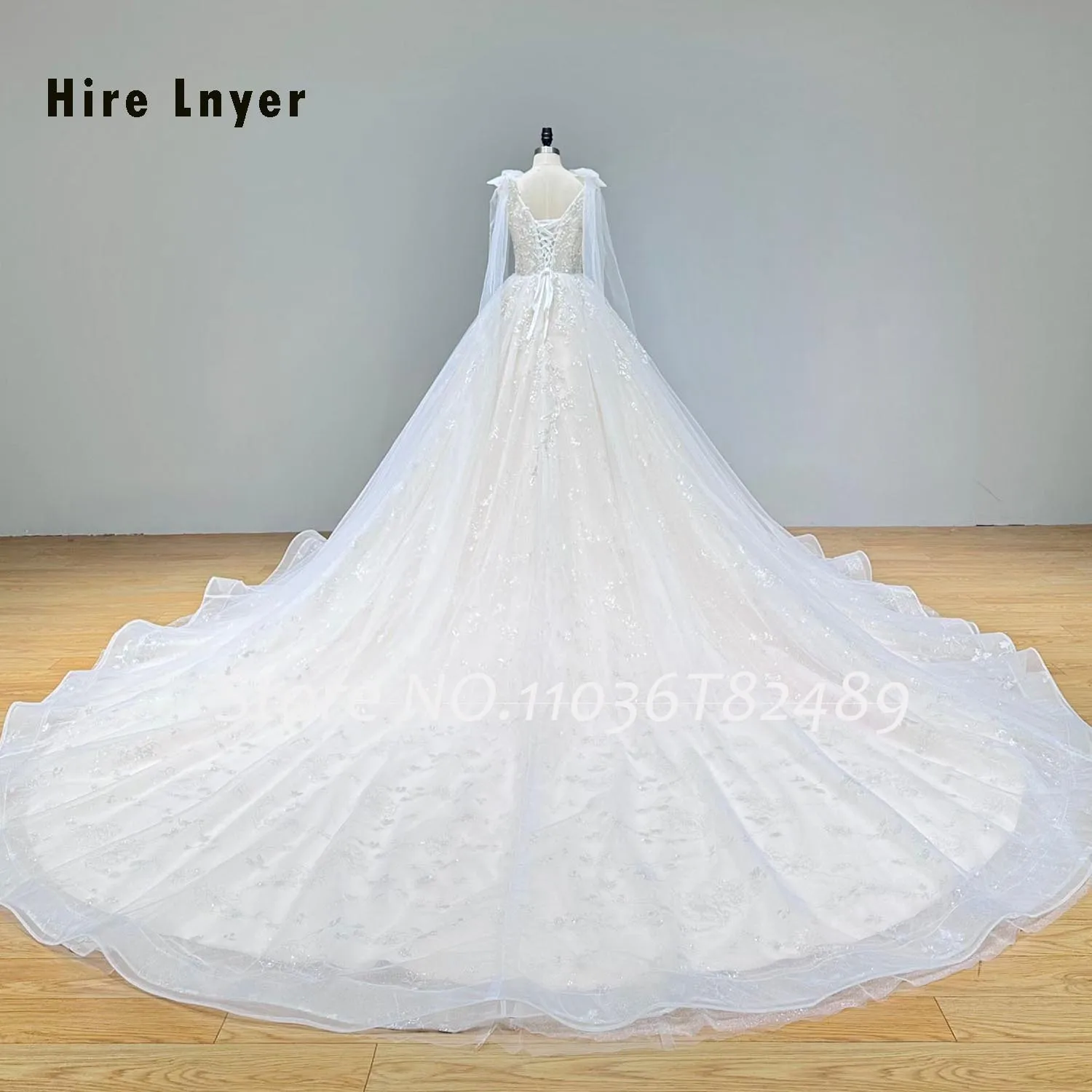 Hire Lnyer V-Neck Lace Up Back Bow Shoulder Straps Shiny Beading Pearls Gorgeous Ball Gown Wedding Dress With Chapel Train