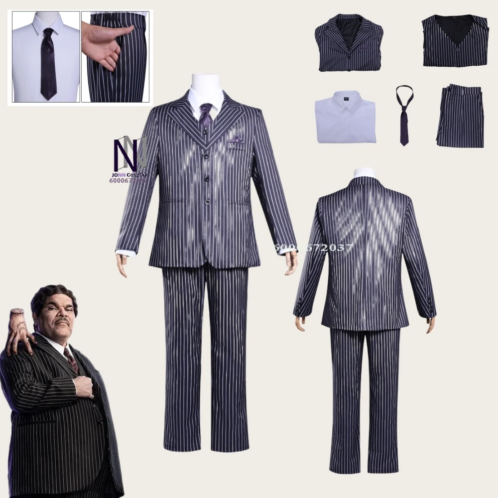 

Hot Movie Wednesday Gomez Cosplay Costume Anime Role Playing Black and White Striped Suit for Men Adult Comic Con Party Outfit