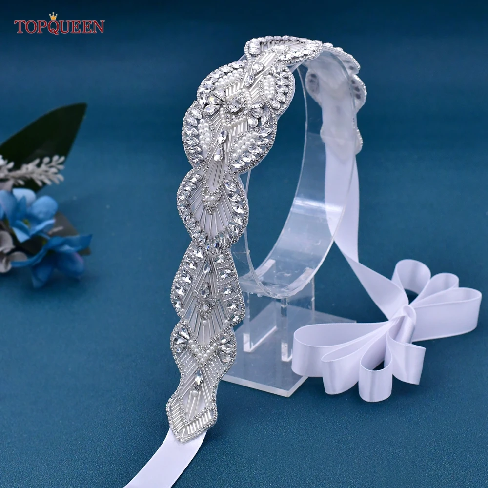 TOPQUEEN – ceinture de mariage avec strass, en cristal argenté, avec perles, pour fête, pour femme, S103