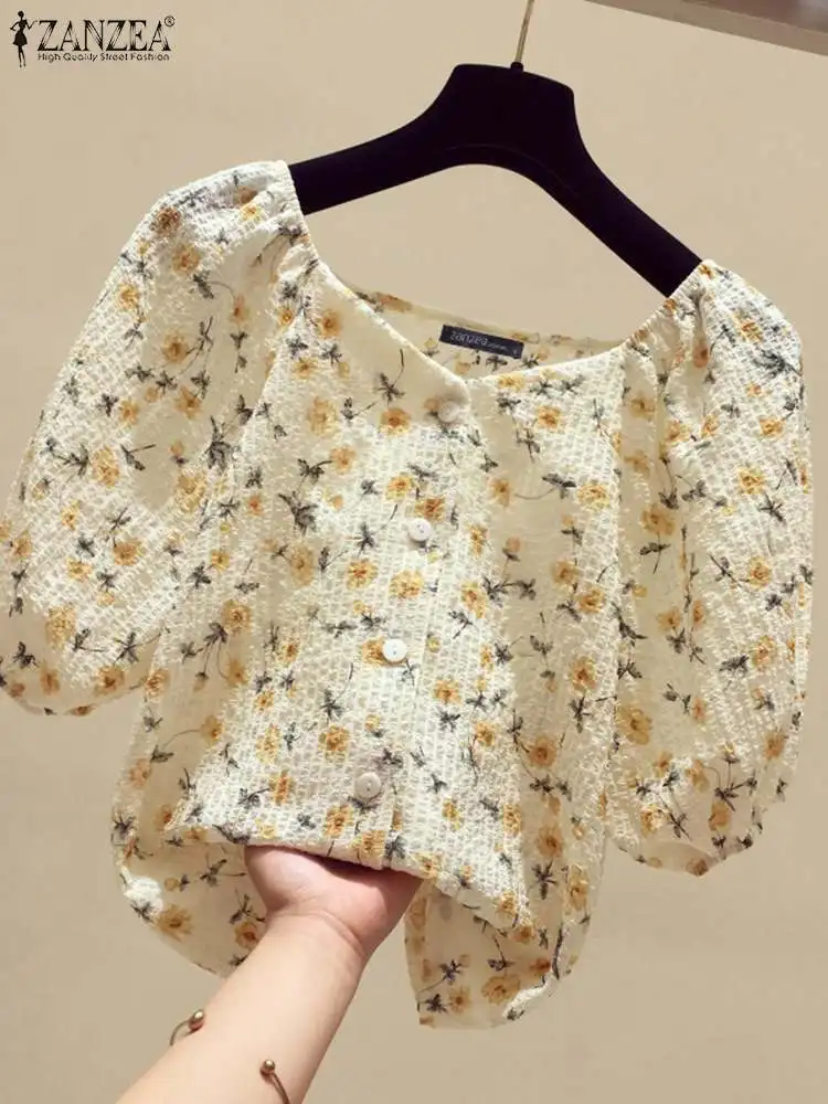 ZANZEA blus liburan wanita, atasan kasual kerja blus musim panas kerah V elegan lengan 3/4 motif bunga untuk wanita