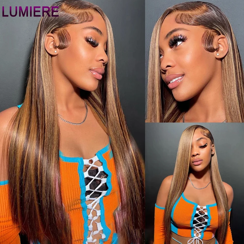 Lumiere 13X4 Highlight Ombre Lace Front Wigs For Women P4/27 Honey Blonde Human Hair Straight Lace Frontal Wigs With Baby Hair