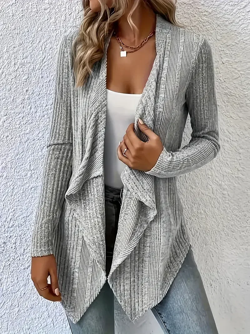 Plus Size 1XL-5XL Women\'s Fashion Long Sleeved Cardigan Casual Solid Color Ribbed Cardigan Loose Spring and Autumn Cardigan