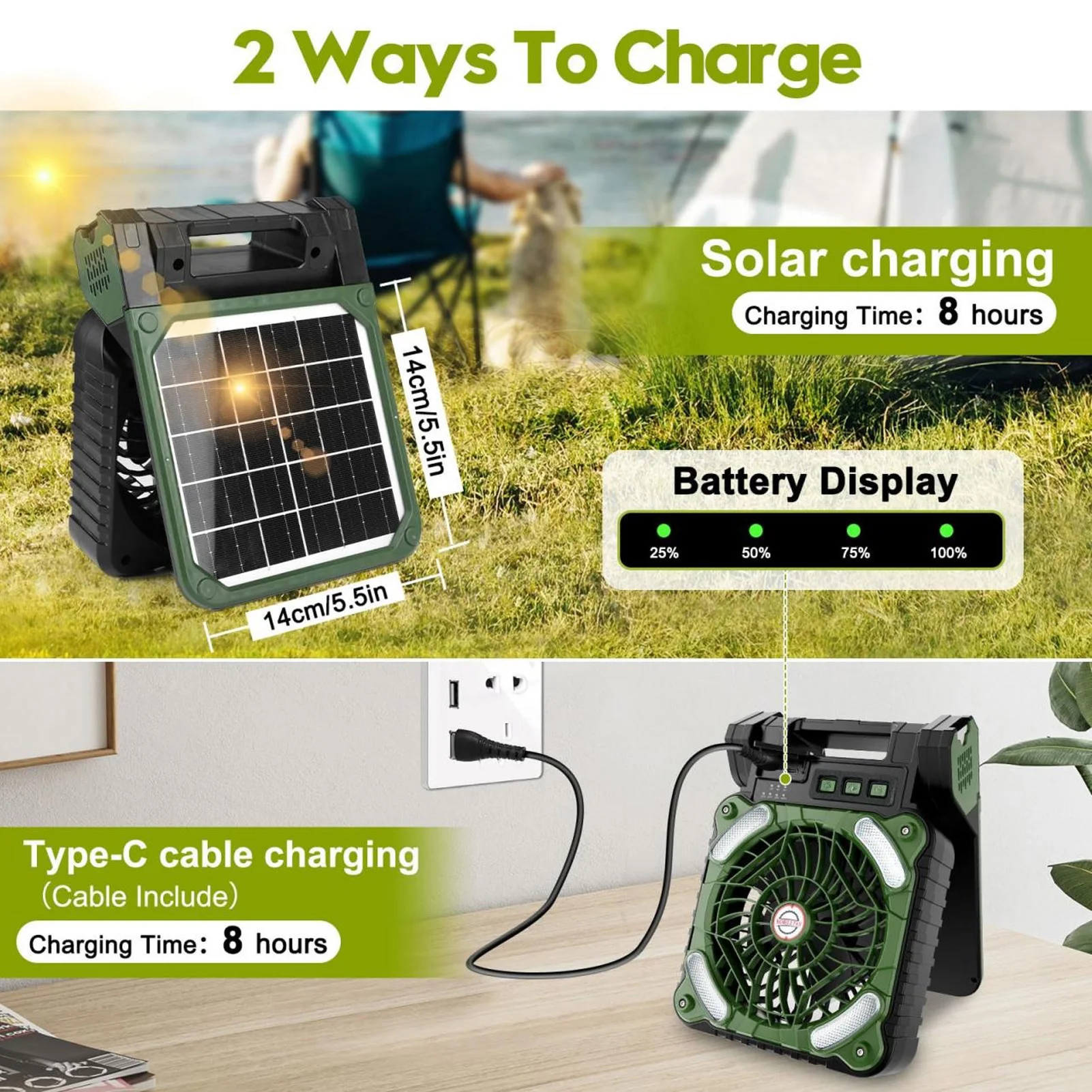 مروحة التخييم بالطاقة الشمسية من النوع C شحن محرك بدون فرشاة LED تعمل بالطاقة الشمسية مؤقت مروحة منخفض الضوضاء 4.5 متر/الثانية للأنشطة الخارجية