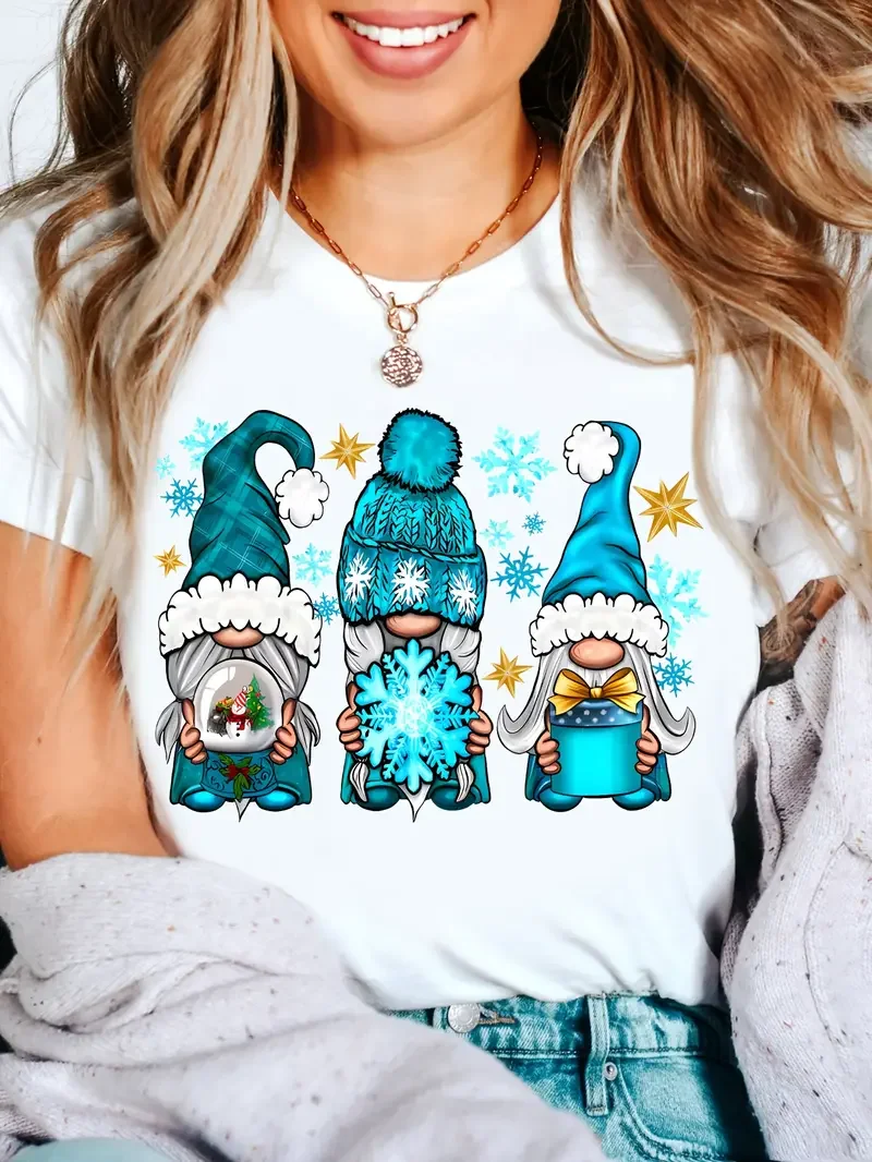 2026 عيد الميلاد جنوم الجرافيك تي شيرت قصير الأكمام الجولة الرقبة رداء علوي غير رسمي قابل للغسل عطلة حفلة المحملة للنساء مضحك جنوم هدية