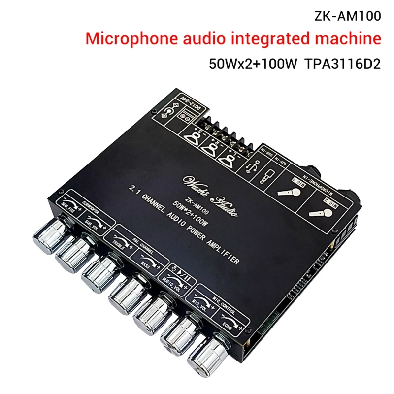 ZK-AM100 Bluetooth Amplifier Board 50Wx2 +100W TPA3116D2 Power Amplifier 2.1 Channel Microphone Audio Module