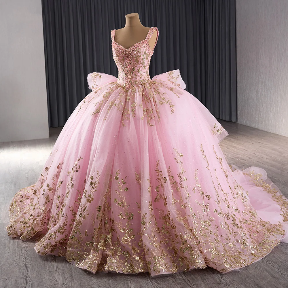 Alças de espaguete princesa Vestidos Quinceanera, lantejoulas com renda, doce vestido de festa de 15 anos, rosa, 2024