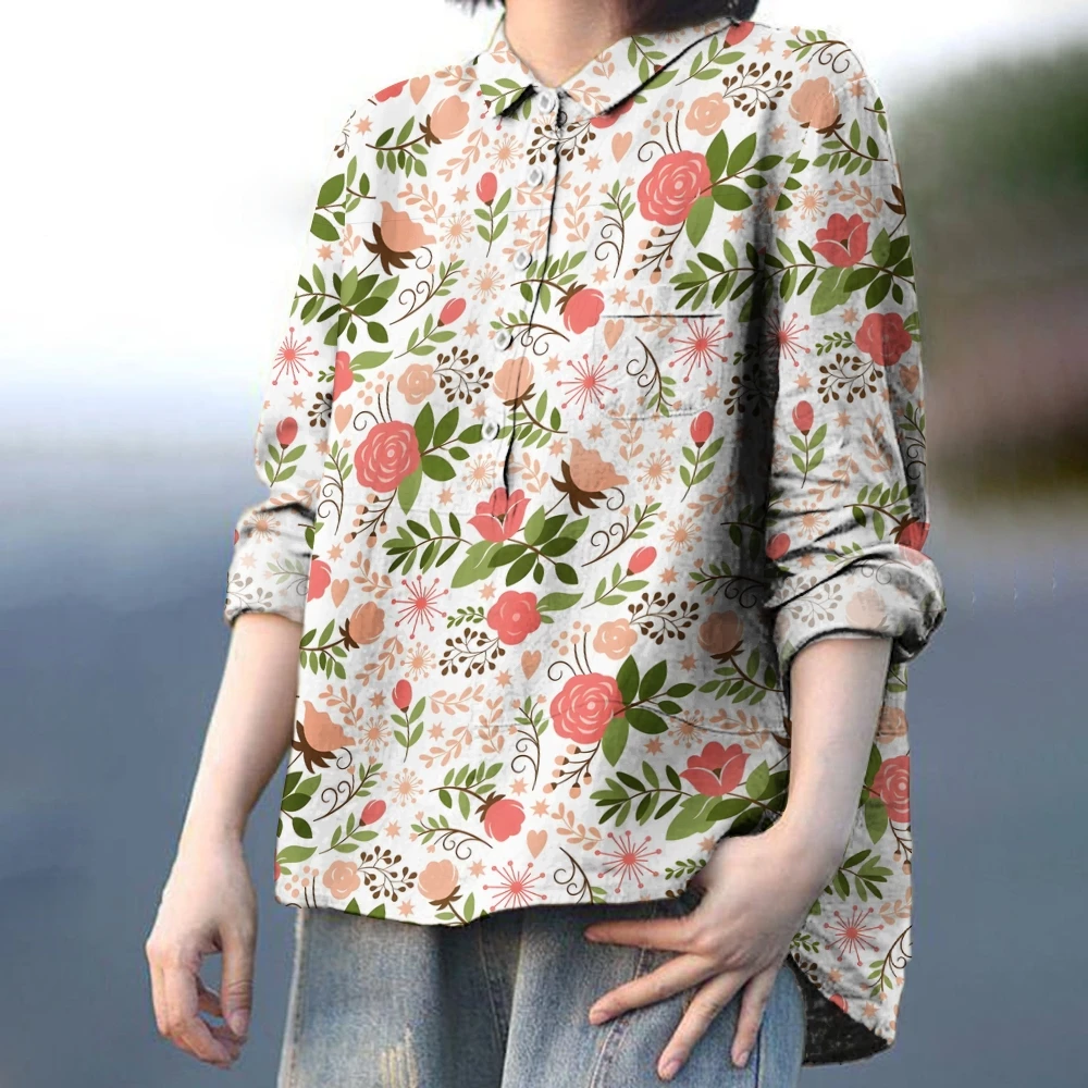 Women's Outfit Chic Pastoral Style Cute Flower Print Shirt Long Sleeve Loose Lapel Button Design New Shirt Cotton Oversized Top