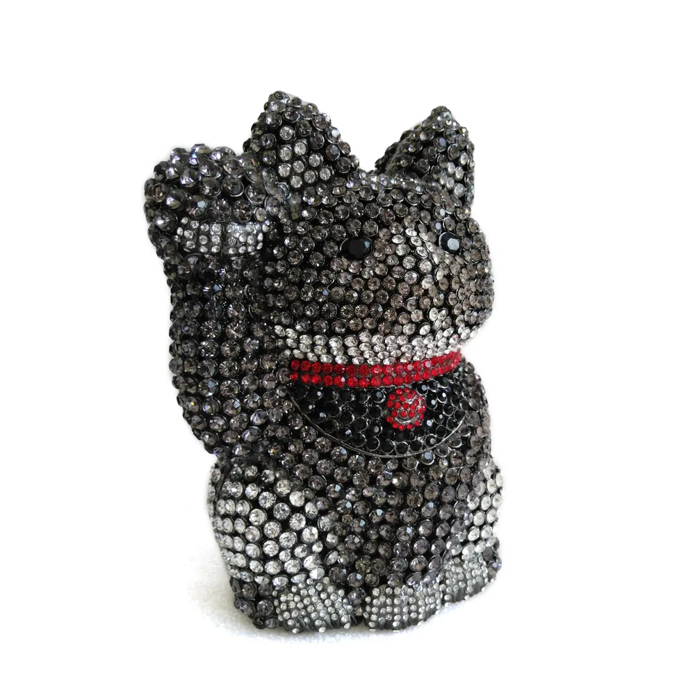

Lucky Cat Shaped Diamond Encrusted Dinner Bag Empty Metal Crystal A Cartoon Animal Themed Clutch For Women Silver Designer Bag