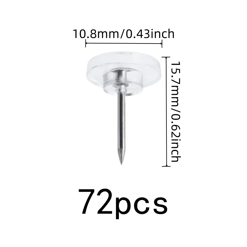 Reusable Wall Safe Transparent Board Pins 72 pcs, perfect for Photo Picture Pinning, Easy Push Sharp Pin