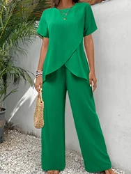 Casual Solid Suit Women 2025 Fashion Round Neck Short Sleeve Irregular Split Top Elastic Waist Trousers Two Piece Set