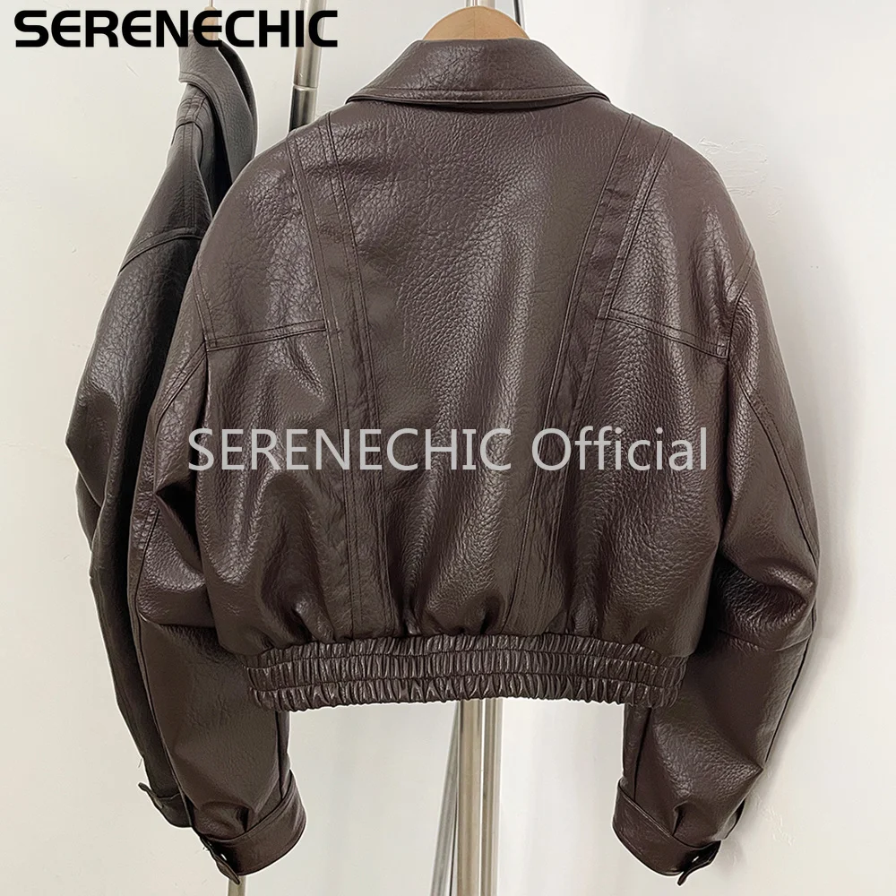 SERENECHIC Textured PU Aviator Coat with Elastic Hem Women's Black Cropped Faux Leather Jacket New Vintage Outerwear Female