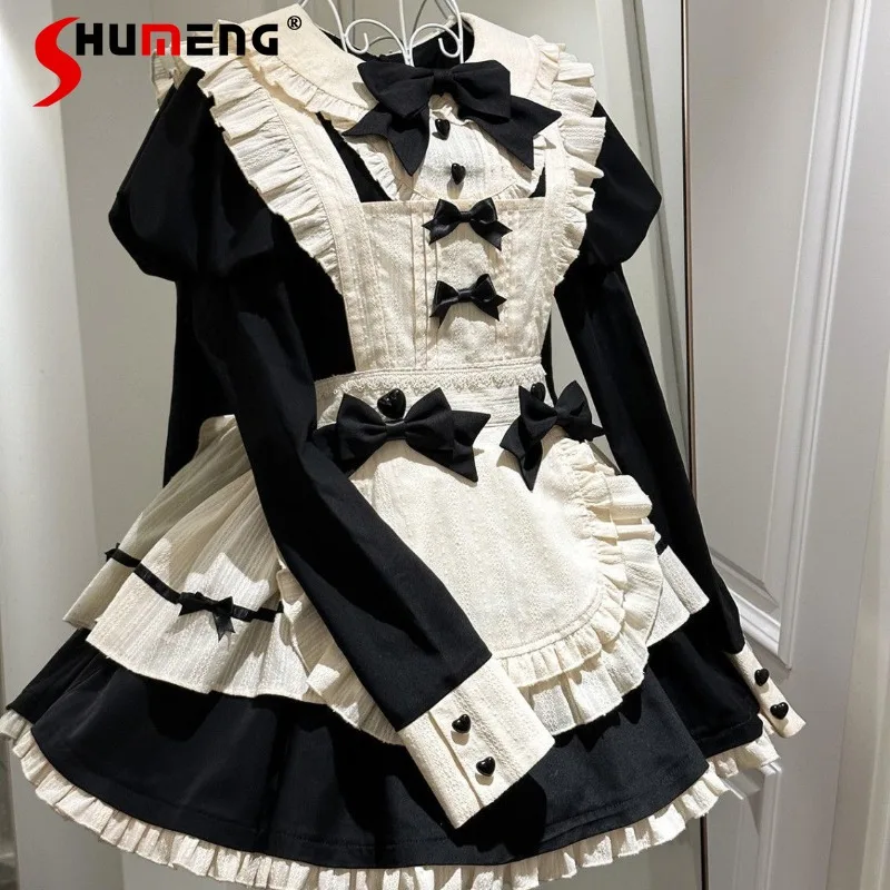 

Maid French Classical Elegant Removable Sleeves Bow Apron Lolita Black And White Dress Slimming High Waisted Vestidos De Mujer