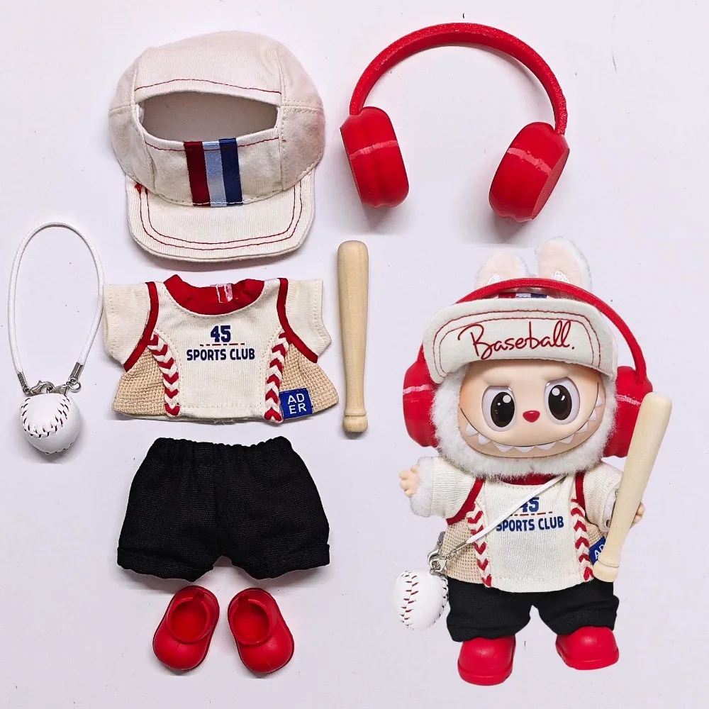 For 17cm Labubus Doll Clothes Outfit Baseball Uniform Baseball Bat Set Dolls Accessories Sitting Party Changing Dress Game Toys