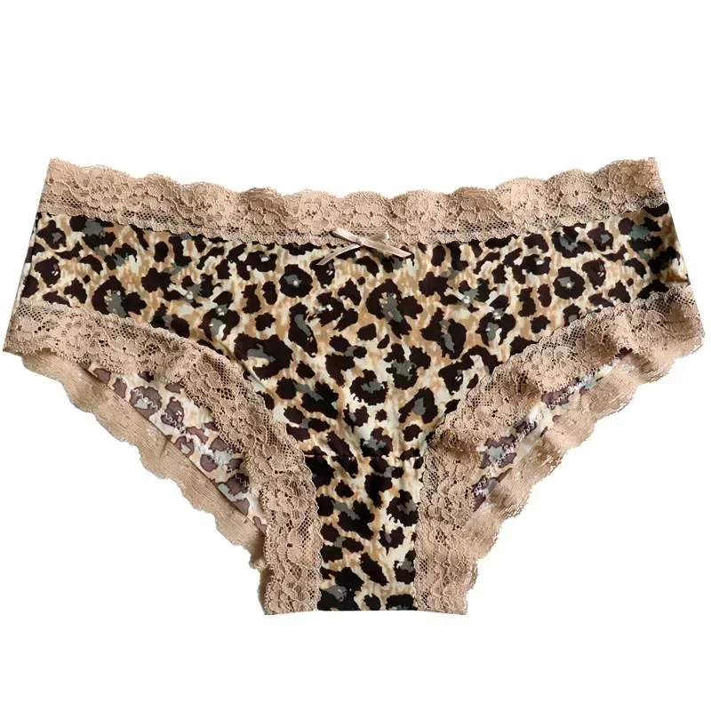 

Leopard Print Lady Underpants Ice Silk Women's Panties Sexy Lace Edge Briefs Elastic Waistband T-pants Wrap Buttocks Knickers