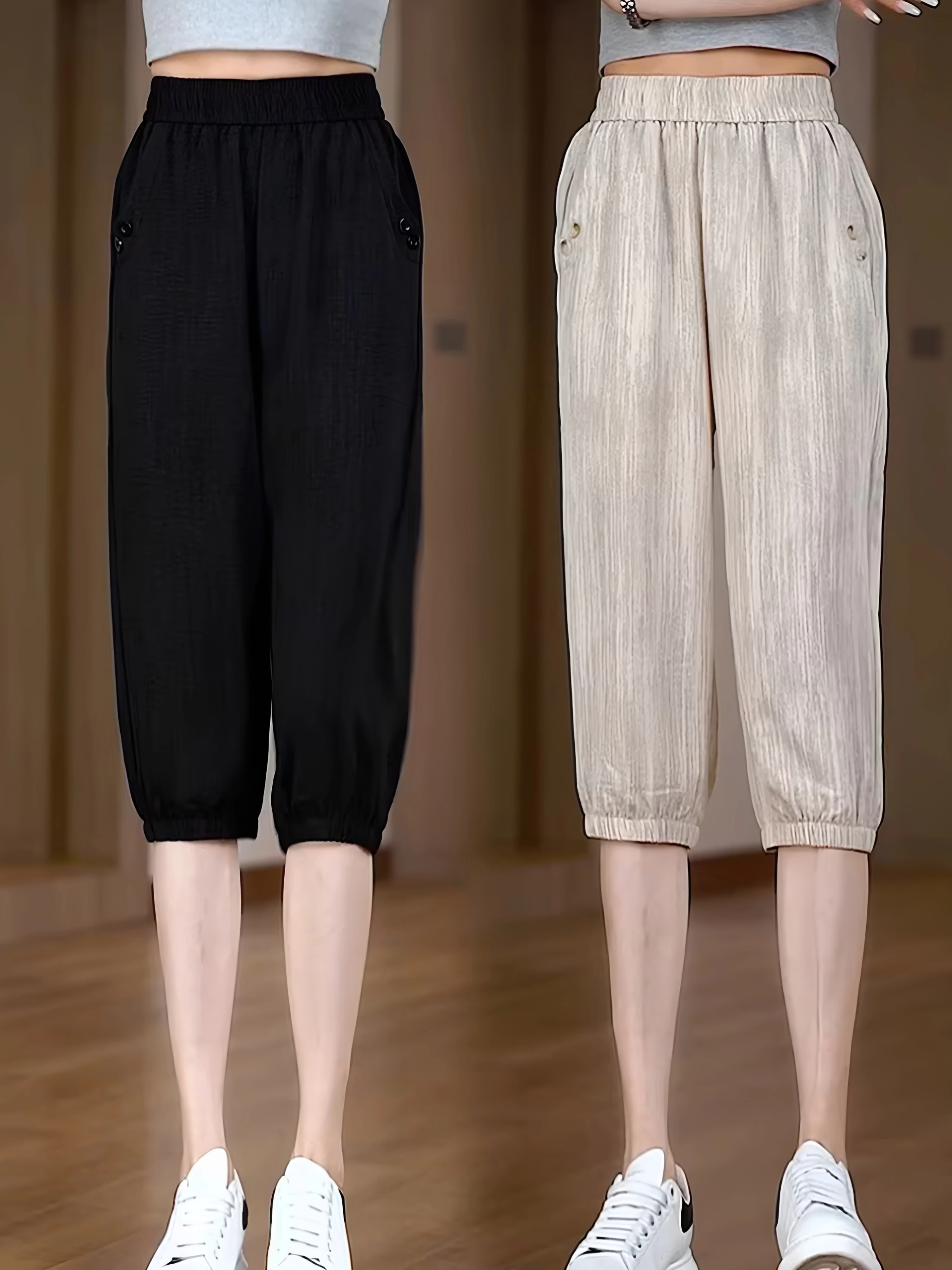 

Summer Thin Ice Silk Sports Harlan Pants Women's plus Size Quick Dry Casual High Waist Straight Leg Pure Color Seven-Foot Tro...