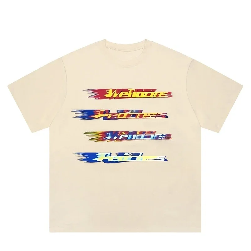 WE11-DONE CDG المتخصصة العلامة التجارية العصرية المتناقضة اللون ضبابي رصاصة الشاشة رسالة مطبوعة فضفاضة قصيرة الأكمام تي شيرت للأزواج