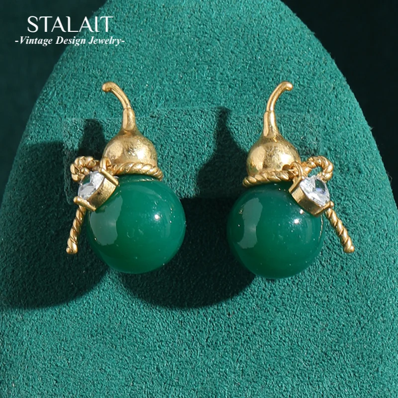 

Vintage Green Earrings Jade Studs Jewelry Chinese Style Luxury Glass Gourd Gold Color Woman Antique Designer Brands High Quality