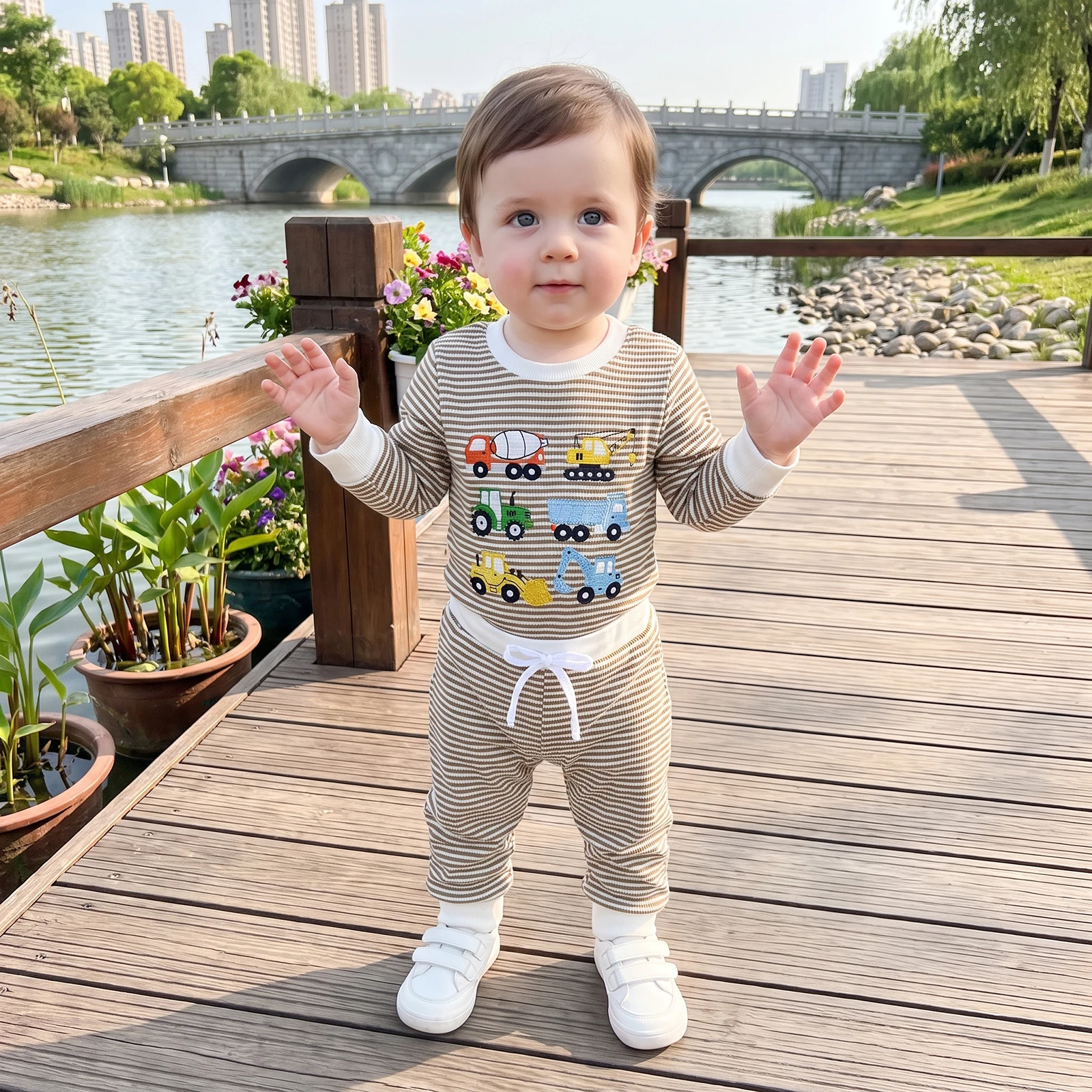 Baby Boys Striped Outfit Long Sleeve Crew Neck Excavator Embroidery Romper Drawstring Pants Sets