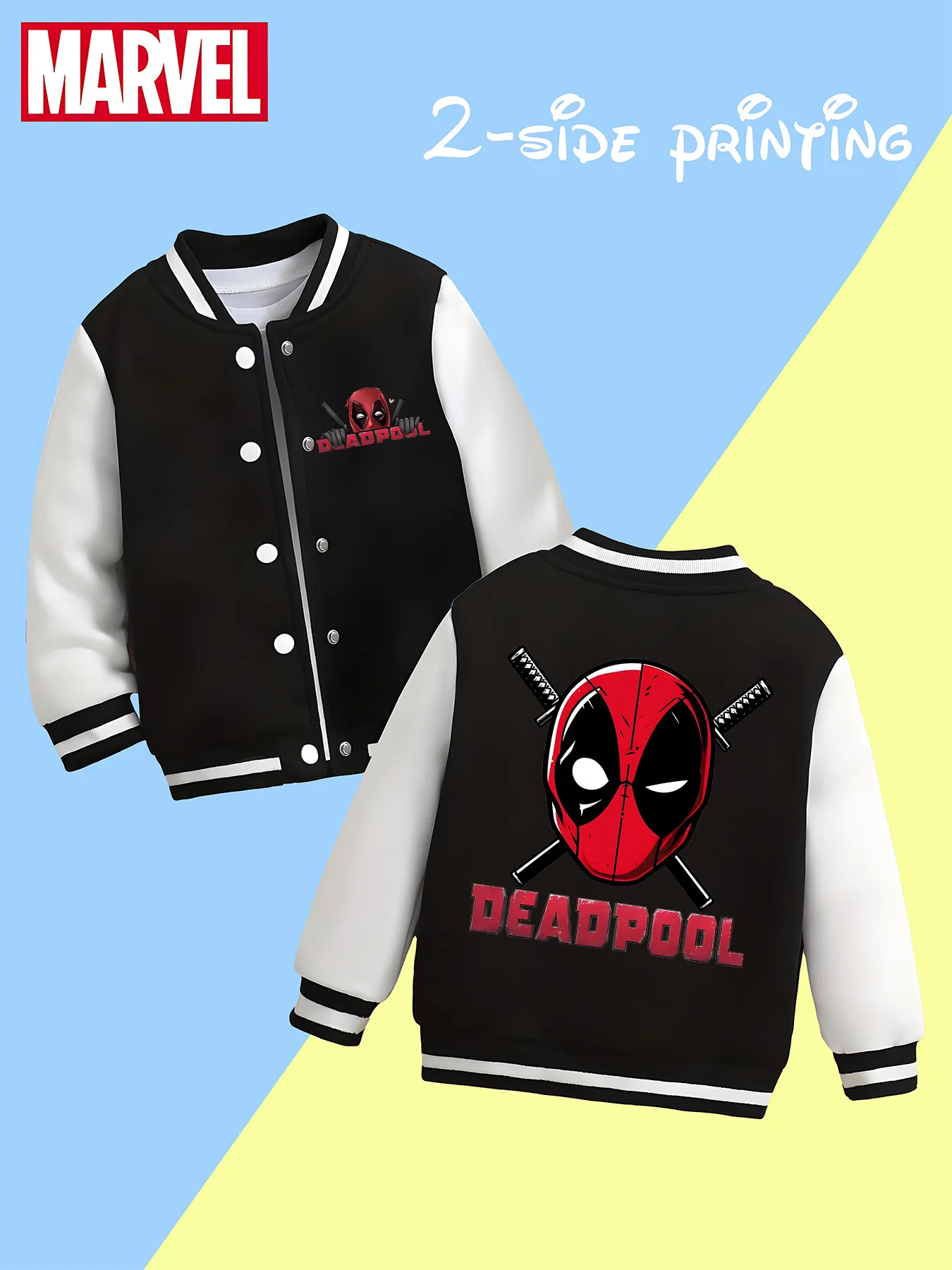 

MINISO Marvel Boys Baseball Jacket - Deadpool Dual Blade Portrait, Classic Black and White, Soft Fabric for Warmth, Comfort and