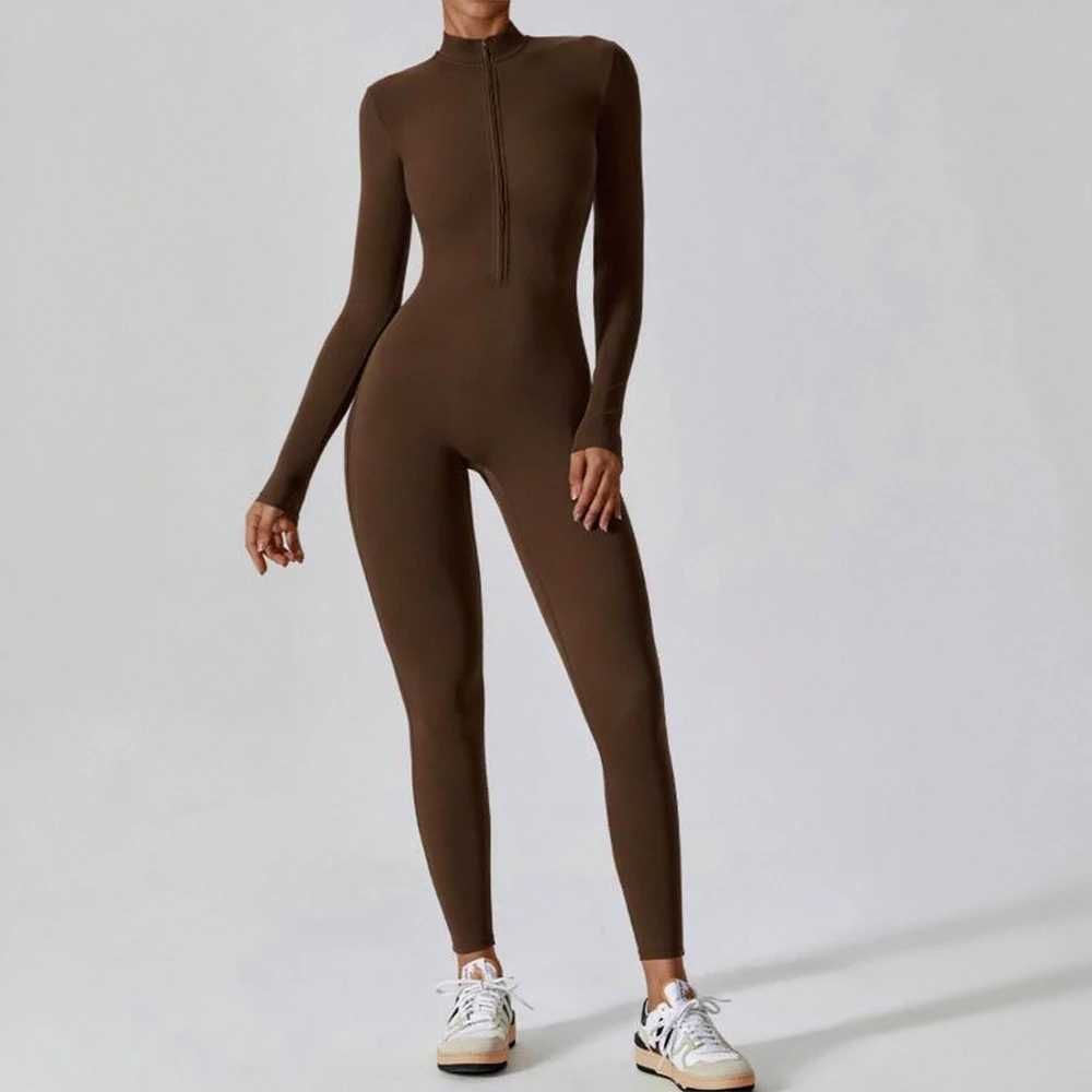 

Женский однотонный повседневный комбинезон с длинным рукавом и круглым вырезом до щиколотки, облегающий повседневный комбинезон на молнии, спортивный стиль на осень