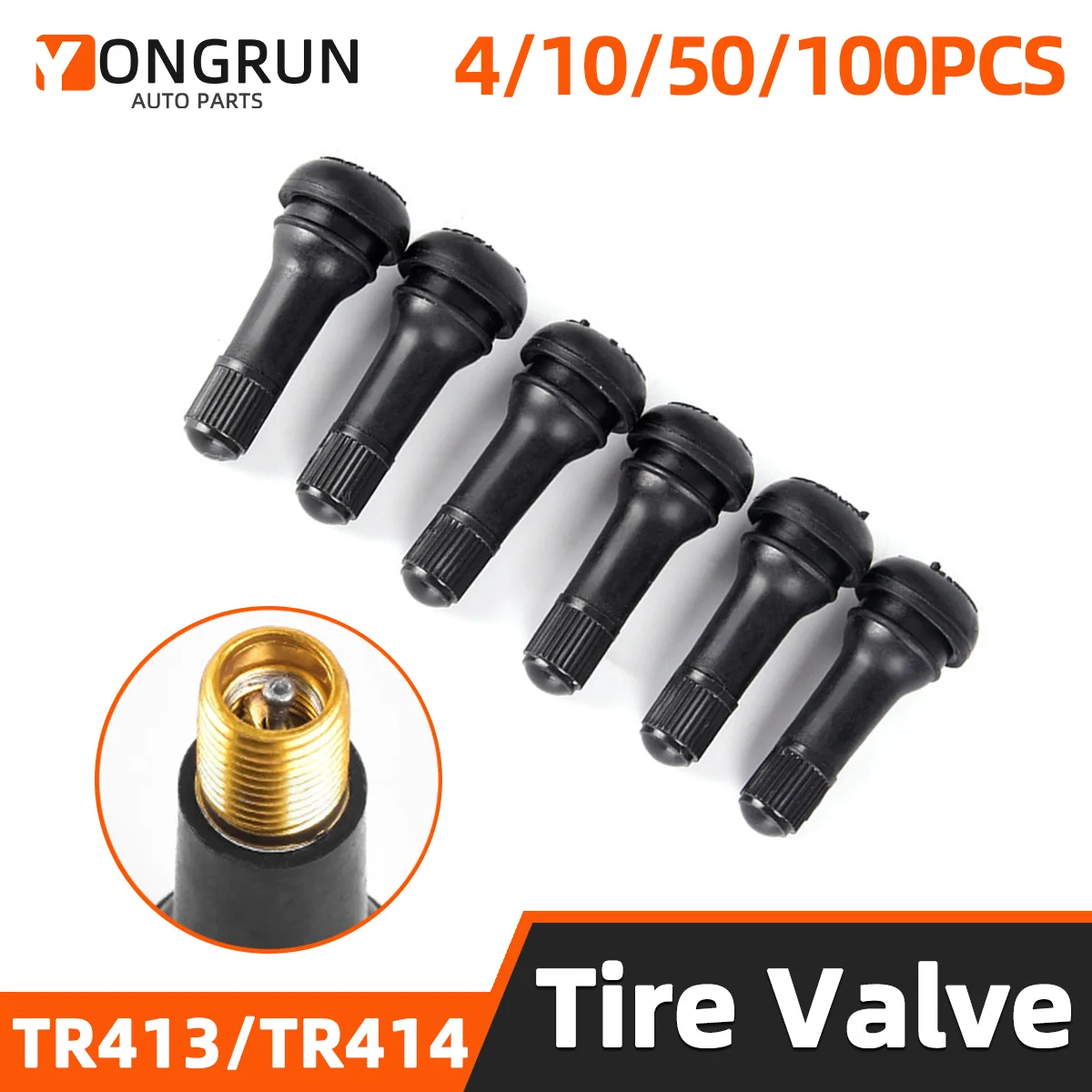 Yongrun haste de válvula tr413/tr414, 4/10/50/100 peças, haste de válvula de borracha para pneu de vácuo automotivo com tampa contra poeira, válvula de pressão, peças de carro
