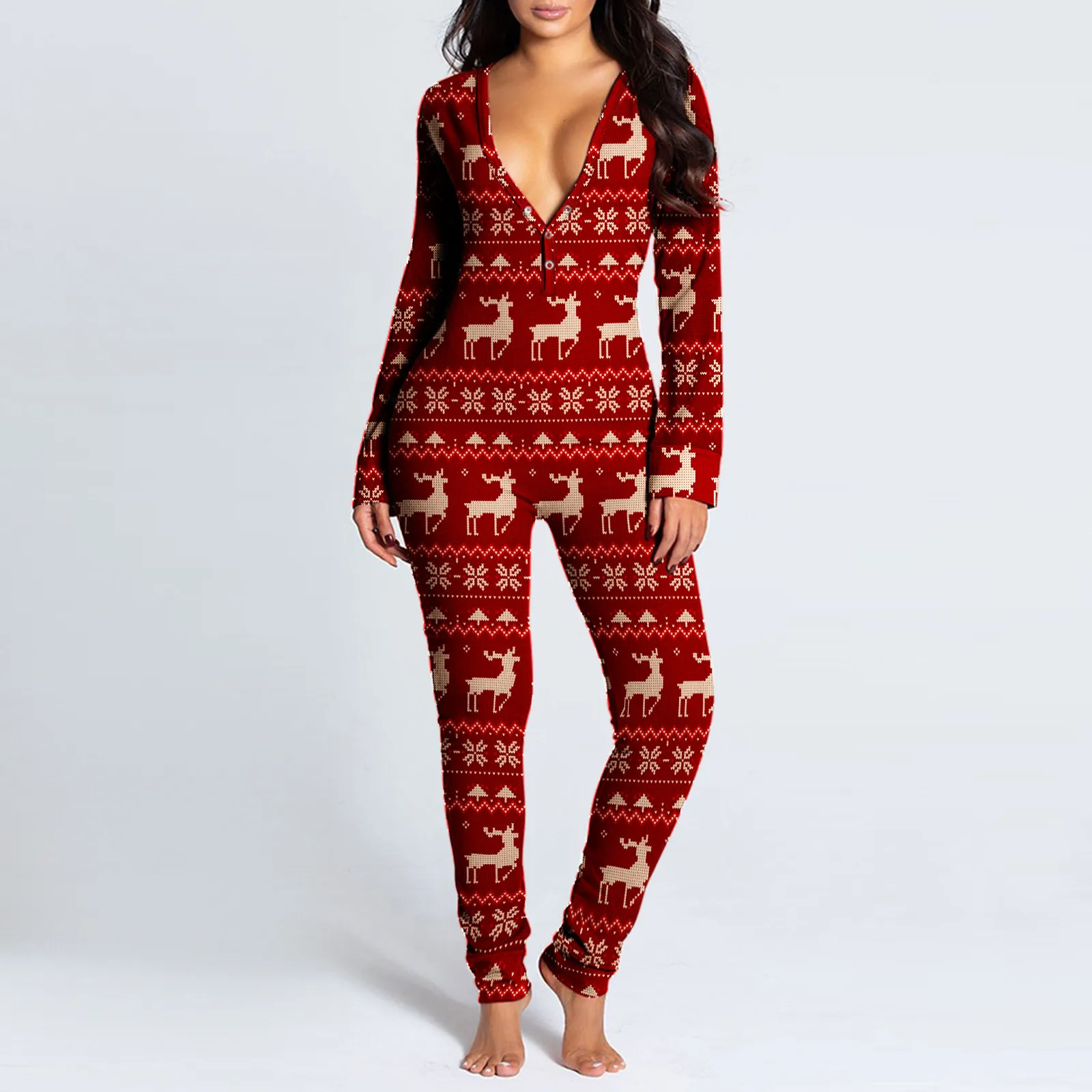 Women\'s Pajamas Christmas Printed Sexy Jumpsuit 2024 Fashion Casual Button Front Bottom Rear Hip Opening Flip Jumpsuits